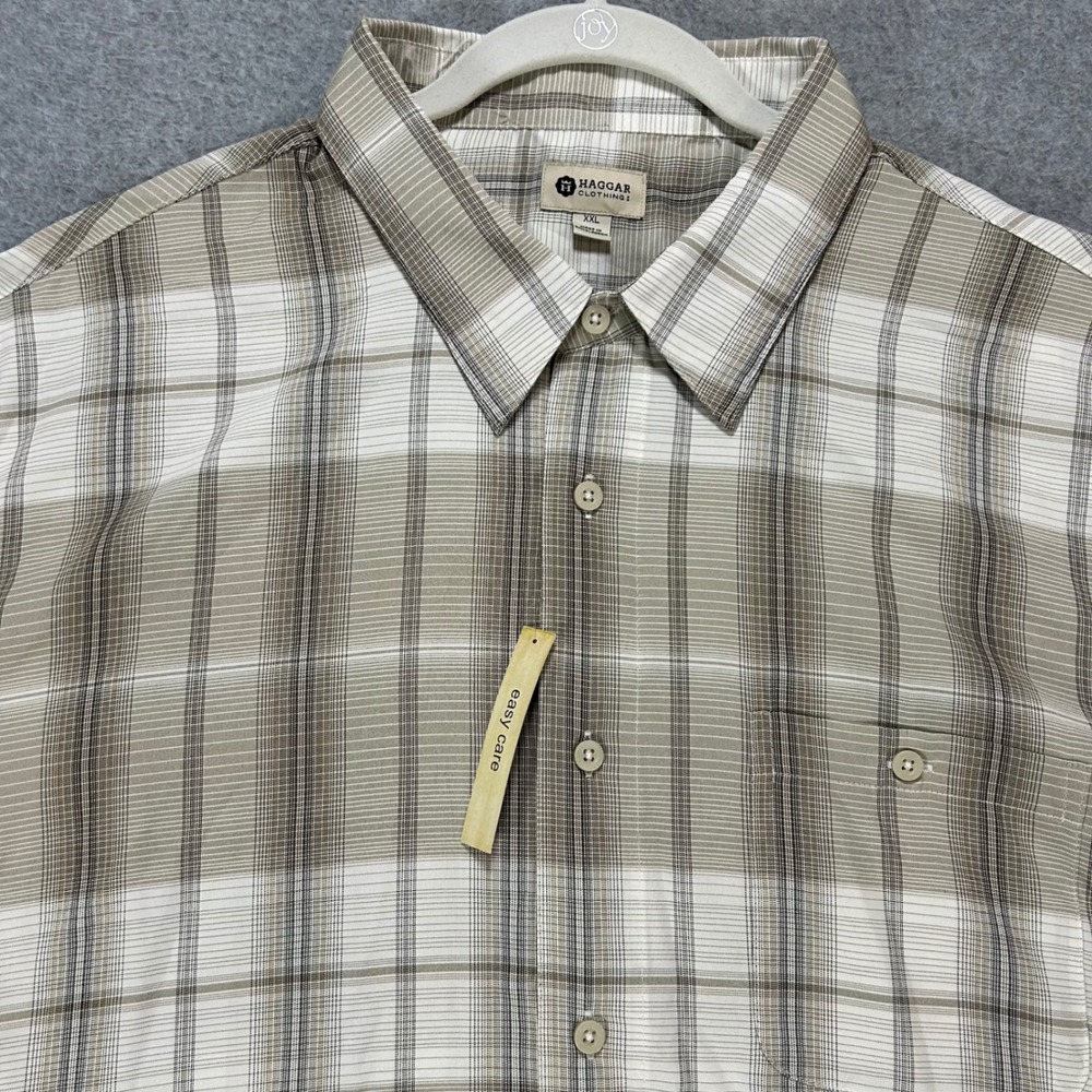 Haggar Button Down Shirt Mens XXL Truffle Plaid Casual Classic